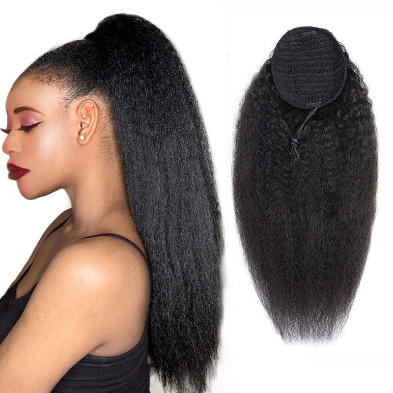 Annora Drawstring Ponytail Extension Human Hair Afro Kinky Straight for Black Women - Yaki Brazilian Virgin Remy Hair Extensions Natural Black Color (12 Inch) - Image 1